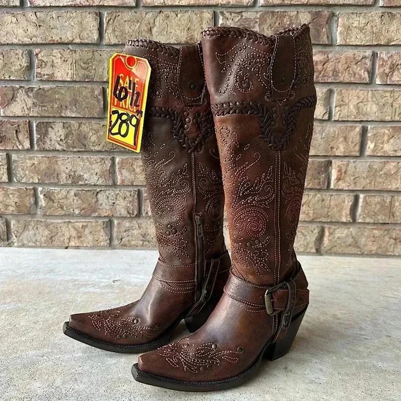 Corral Shoes - NWT Women’s Corral Tall Brown Whip Stitch and Studs Leather Cowboy Boots 6.5